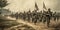 Scenic representation of an army of American soldiers from the line marching into battle,