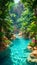 Scenic river pool winding through a lush tropical garden with natural rock formations and waterfalls