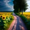 Scenic road through a field with sunflowers, blue sky and green trees.Generative AI content.
