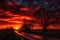 scenic road trip at sunset, with fiery skies and silhouetted trees