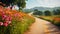 A scenic road trip through vibrant landscapes, the winding path adorned with colorful flowers.