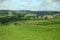 Scenic rural landscape of pastureland, rolling hills and trees on sunny day in Waitomo, New Zealand