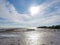 Scenic seascape, mongrove forest with branches and sunset at the low tide on blue sky background, Parit Jawa, Malaysia