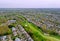 Scenic seasonal landscape from above aerial view of a small town in countryside Ohio US