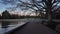 Scenic Seawall, Path and Trees on Fall Morning. Twilight. Coal Harbour, Stanley Park.