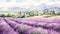 Scenic Serenity: A Lavender Landscape of Mountains, Houses, and