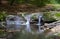 Scenic shot of a small waterfall of a slow streaming river in a forest with plastic in the water