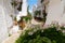 Scenic sight of the Ostuni town sunny street with bench and blooming flowers, Apulia region, Italy, Adriatic Sea