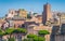 Scenic sight in the Roman Forum, with the Tower of the Militia and the Trajan`s Market. Rome, Italy.