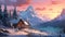 Scenic snowy mountain landscape with wooden house. Generative AI