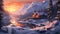 Scenic snowy mountain landscape with wooden house. Generative AI