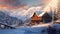 Scenic snowy mountain landscape with wooden house. Generative AI