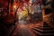 A scenic stone stair path in Montmartre, Paris, amid vibrant autumn foliage