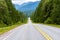 Scenic straight road through a thick pine forest in the mountains