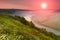 The scenic summer landscape, bend of the river at fog.