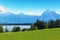 Scenic summer landscape with mountains, lake and forest