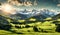 Scenic summer: Meadow with snowy mountains in background