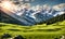 Scenic summer: Meadow with snowy mountains in background