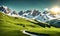 Scenic summer: Meadow with snowy mountains in background