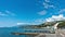 Scenic summer panorama of Black Sea pier .