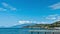 Scenic summer panorama of Black Sea pier .