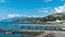 Scenic summer panorama of Black Sea pier .