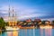 Scenic summer sunset panorama of architecture with vintage retro ship in Stockholm, Sweden