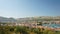 Scenic top view of the city with mountain background, beautiful cityscape with houses, sunny day, Trogir, Dalmatia, Croatia