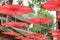Scenic traditional Chinese red umbrellas in Phoenix Ancient Town