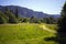 The scenic trail through the green meadow in Columbia Gorge