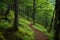 A scenic trail winding through a dense forest with vibrant green grass and towering trees, A tranquil, secluded forest trail with