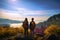 Scenic tranquility Asian couples with backpacks admire mountain landscape view