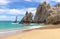 Scenic travel destination beach Playa Amantes, Lovers Beach known as Playa Del Amor located near scenic Arch of Cabo San