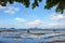 Scenic tropical landscape. Low tide on seashore. Panorama seascape under beach tree. Philippines, island Palawan, El Nido beach.