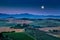 Scenic Tuscany landscape in moonlight at dawn, Val d\'Orcia, Italy