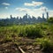 Scenic urban blend Grass field in 3D rendering against city background vista