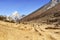 Scenic valley and Himalayan mountains peaks on trek between Tengboche and Lobuche, Nepal