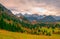 Scenic view of Alpine valley with Neuschwanstein and Hohenschwangau castles at autumn morning