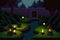 Scenic view of amazing glowing old lantern lights on yard at night, 8 bit style, clear style