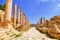 Scenic View Ancient Greco-Roman Corinthian Columns on Colonnaded Cardo to The North Tetrapylon in Jerash, Jordan