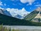 The scenic view of the Athabasca River and surrounding mountains in Jasper National Park in Canada