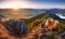 Scenic view of autumn mountain landscape with foggy valley. The Sulov Rocks, national nature reserve in northwest of Slovakia,