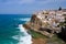 Scenic view of Azenhas do Mar, a small coast town in Colares, Sintra, Lisbon. Village, waves, sea and a pool