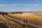 scenic view of beautiful Tuscany fields, empty road and peoples