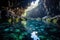 Scenic view of blue natural underground lake in deep cave