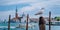 Scenic view of blurred Venice panorama of Venice`s embankment with seagull in front. Most popular touristic attraction