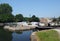 Scenic view of brighouse basin with boats and moorings and the lock gates to the calder and hebble navigation canal in west