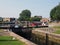 Scenic view of brighouse basin with boats and moorings and the lock gates to the calder and hebble navigation canal in west