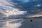 Scenic view of a calm beach with a pelican bird on in during a colorful sunset