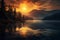 Scenic view of calm mountain lake on foggy autumn sunrise. Majestic pine trees on lake shores on a backdrop of setting sun